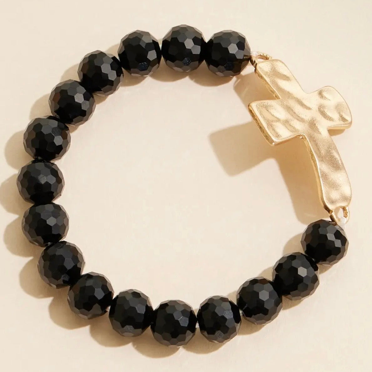 Glass Beaded Cross Bracelet | Black