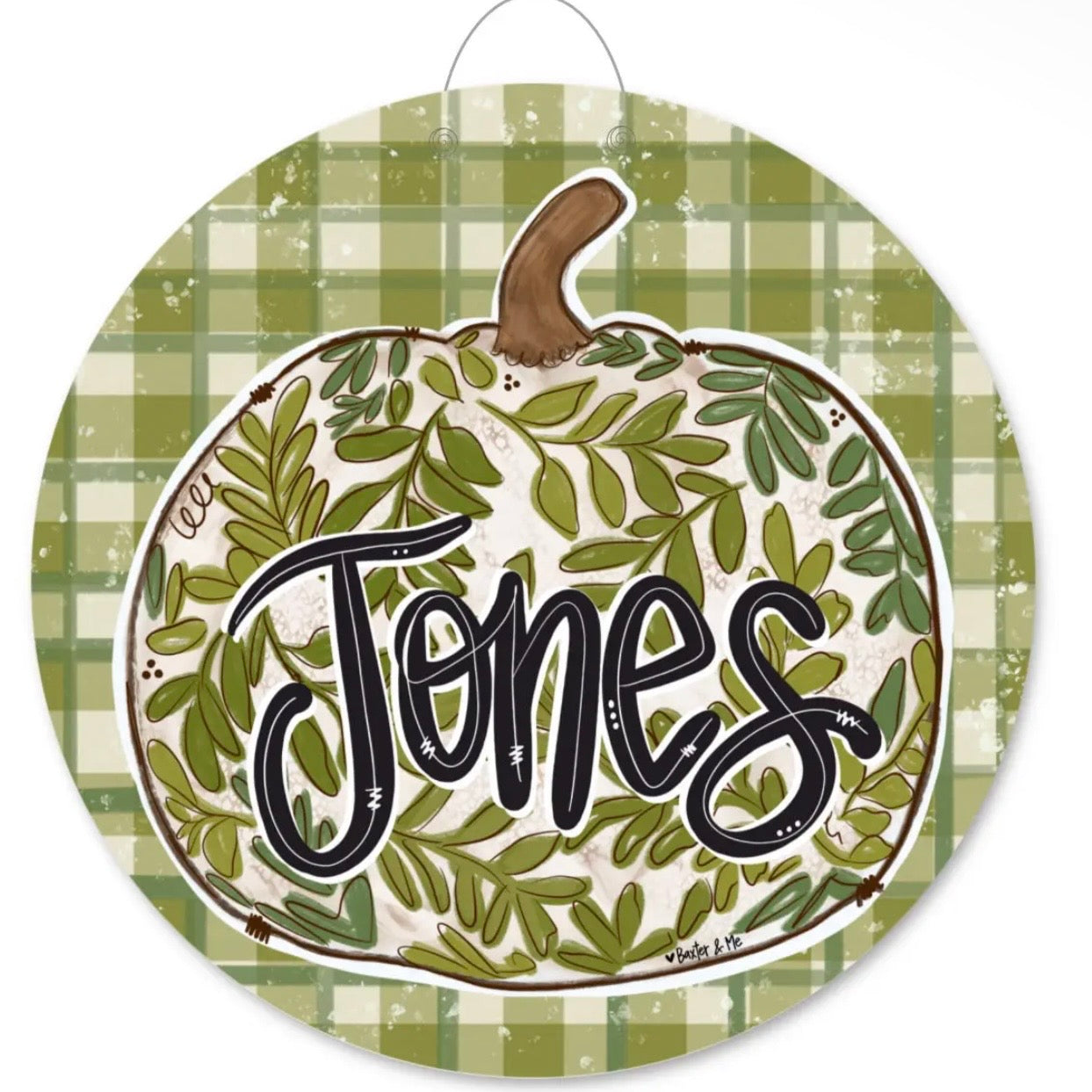 Personalized Door Hanger | Green Leaf Pumpkin Plaid