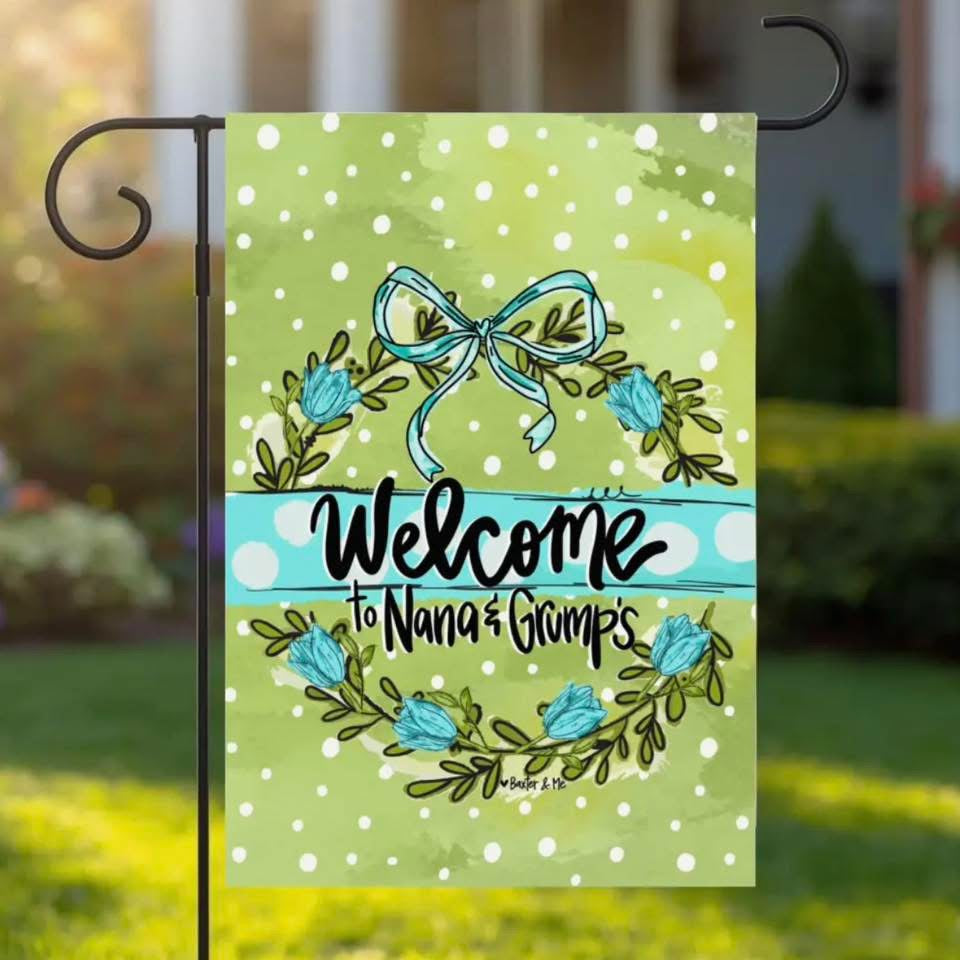 Personalized Garden Flag | Blue Bow Green Garden