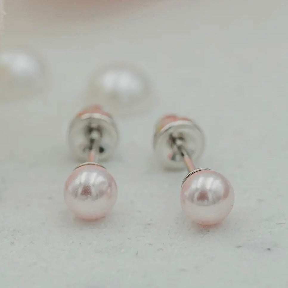 Girls Earrings - Sterling Silver Pink Pearl Screw Back