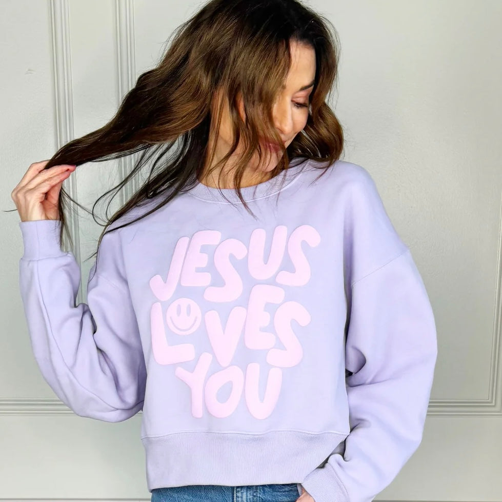 Crop Puff Sweatshirt | Smiley Jesus Loves You