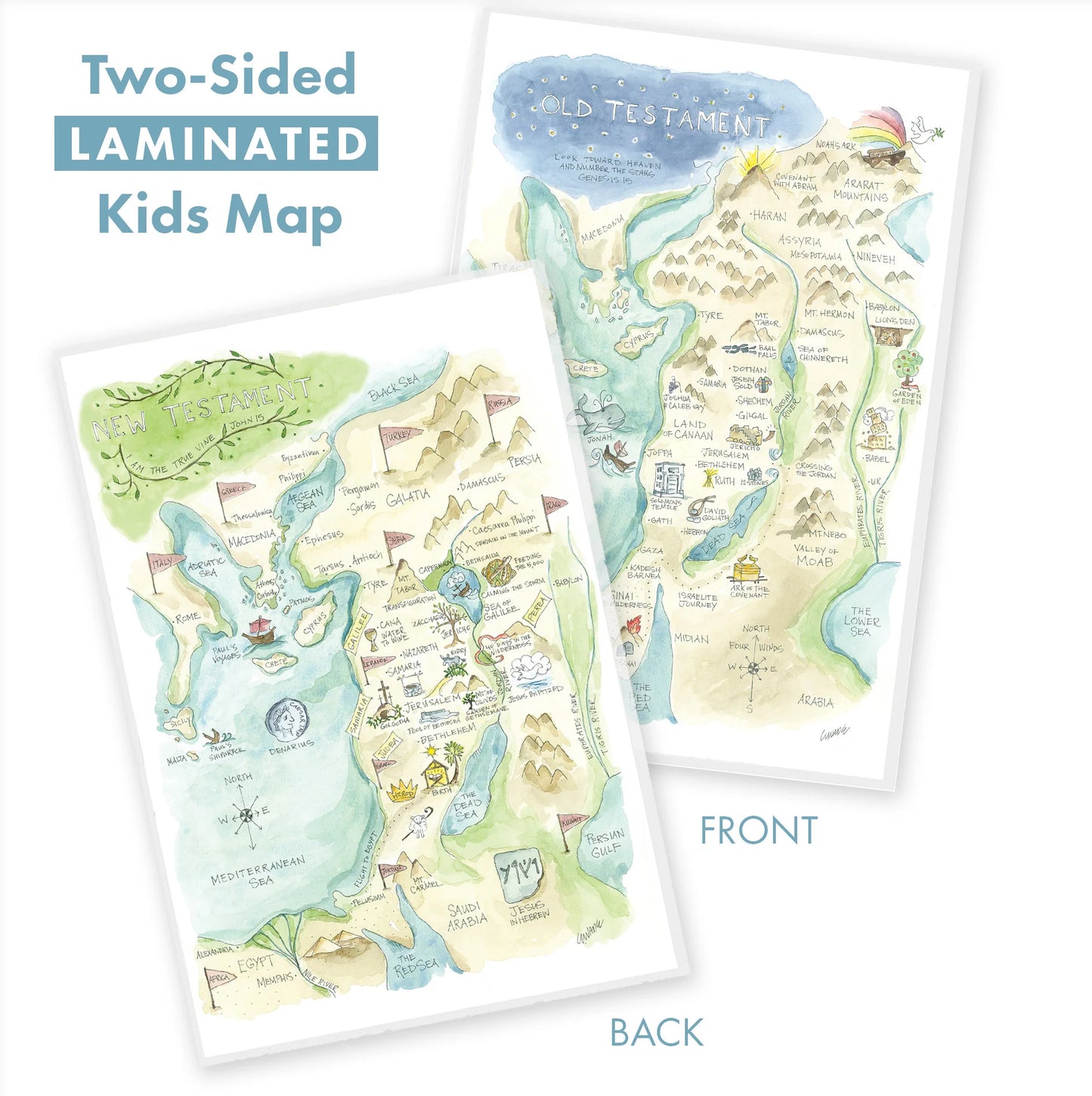 Elizabeth Wade Watercolor Laminated Bible Map