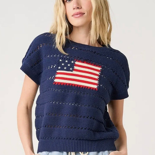 American Flag Short Sleeve Knit Sweater