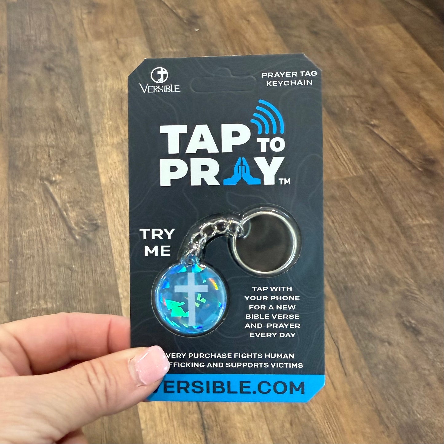 Tap To Pray Keychain | Blue Crystal + Cross