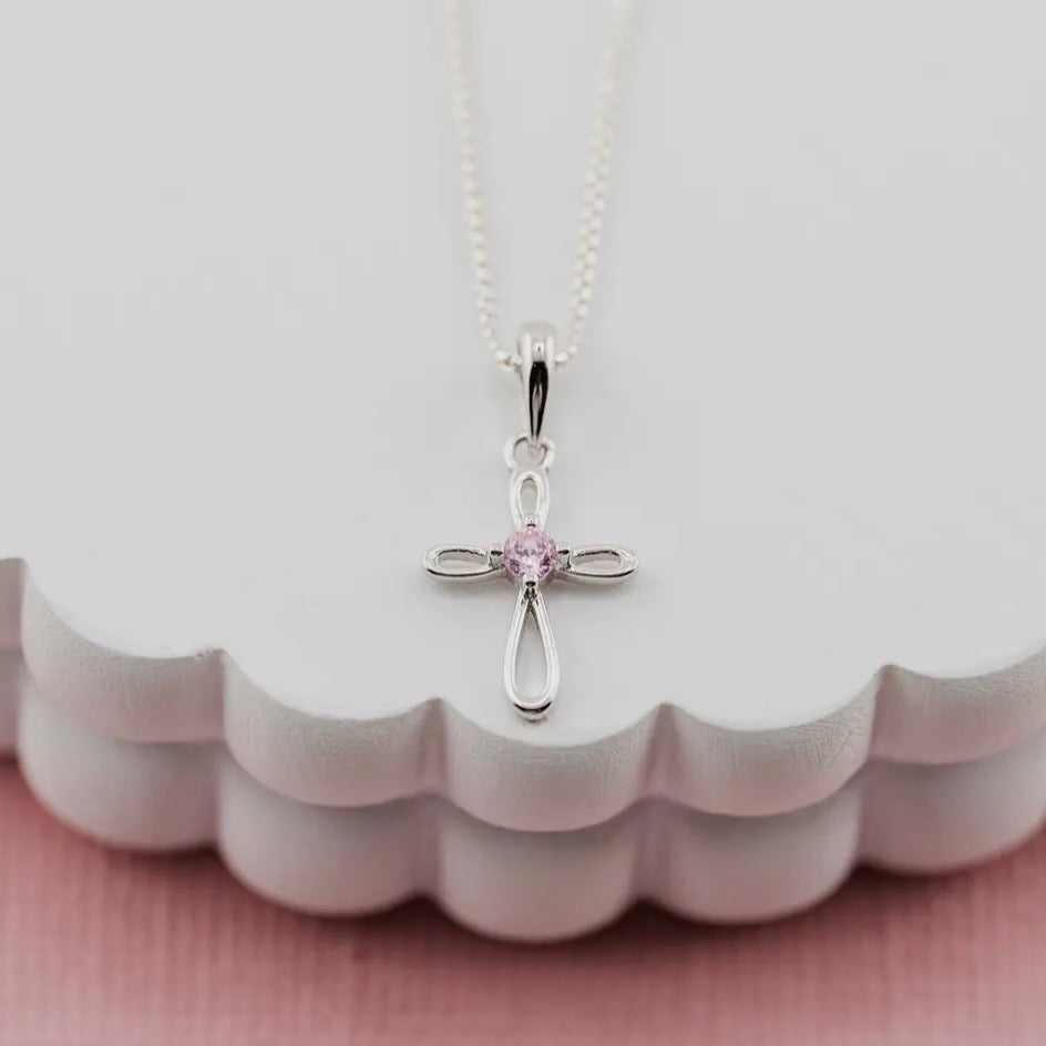 Girls Necklace - Pink Sterling Silver Cross 14”