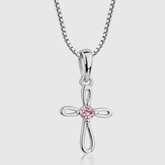 Girls Necklace - Pink Sterling Silver Cross 14”