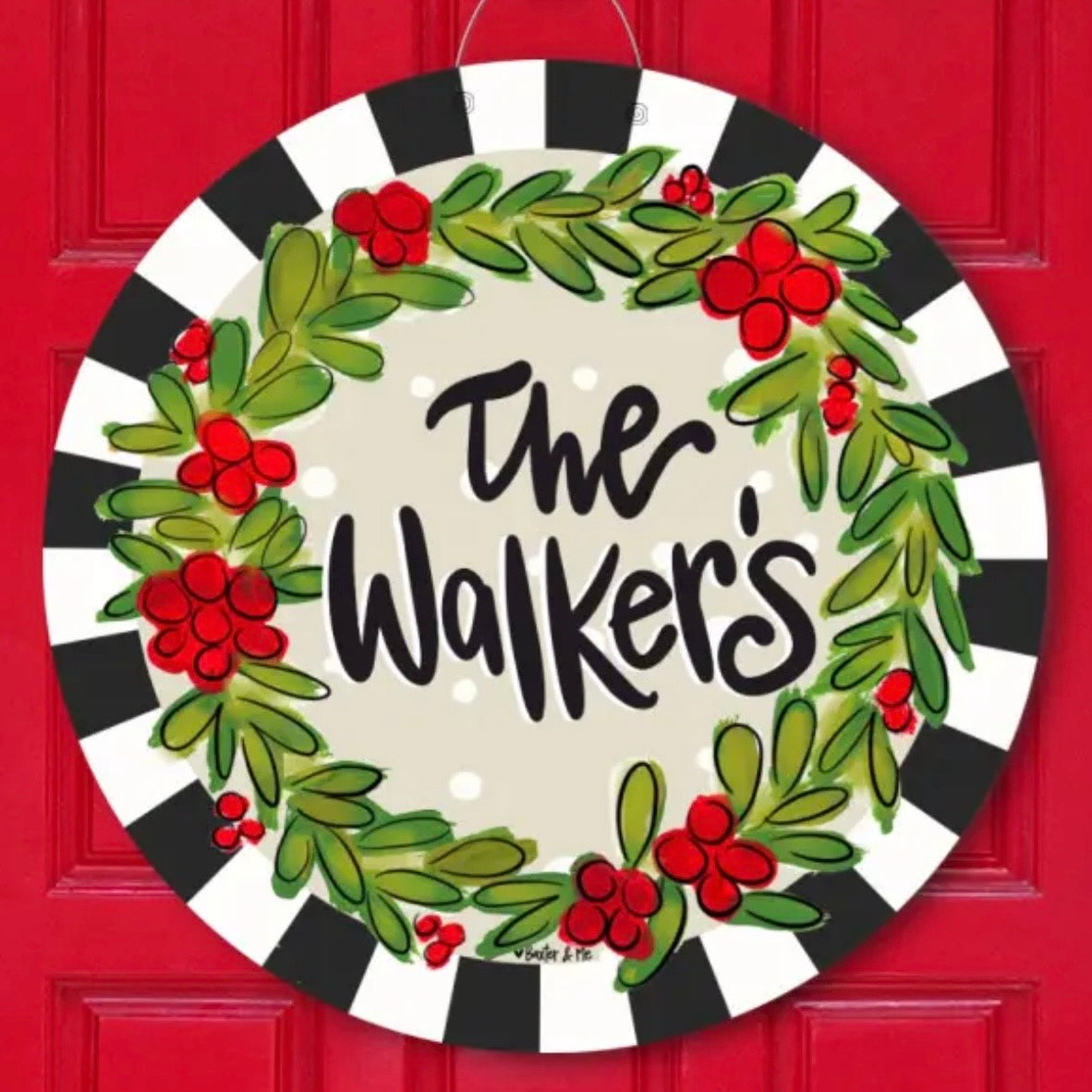 Personalized Door Hanger | Black & White Christmas Berries