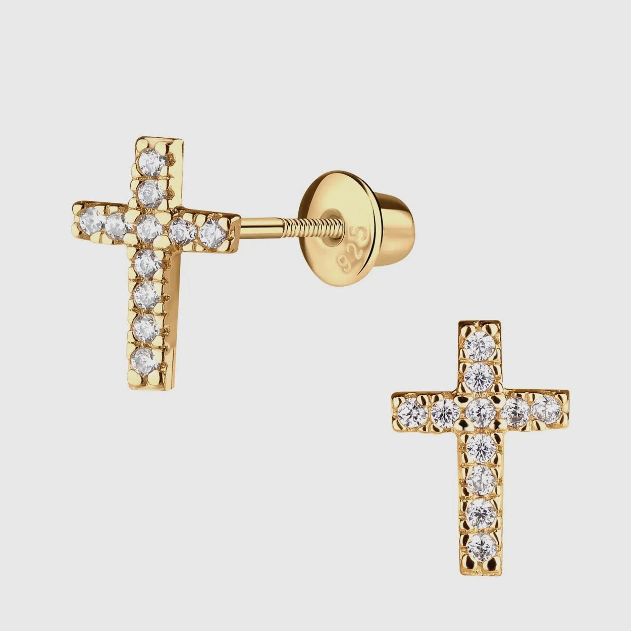 Girls Earrings - 14K Gold-Plated Cross Cz