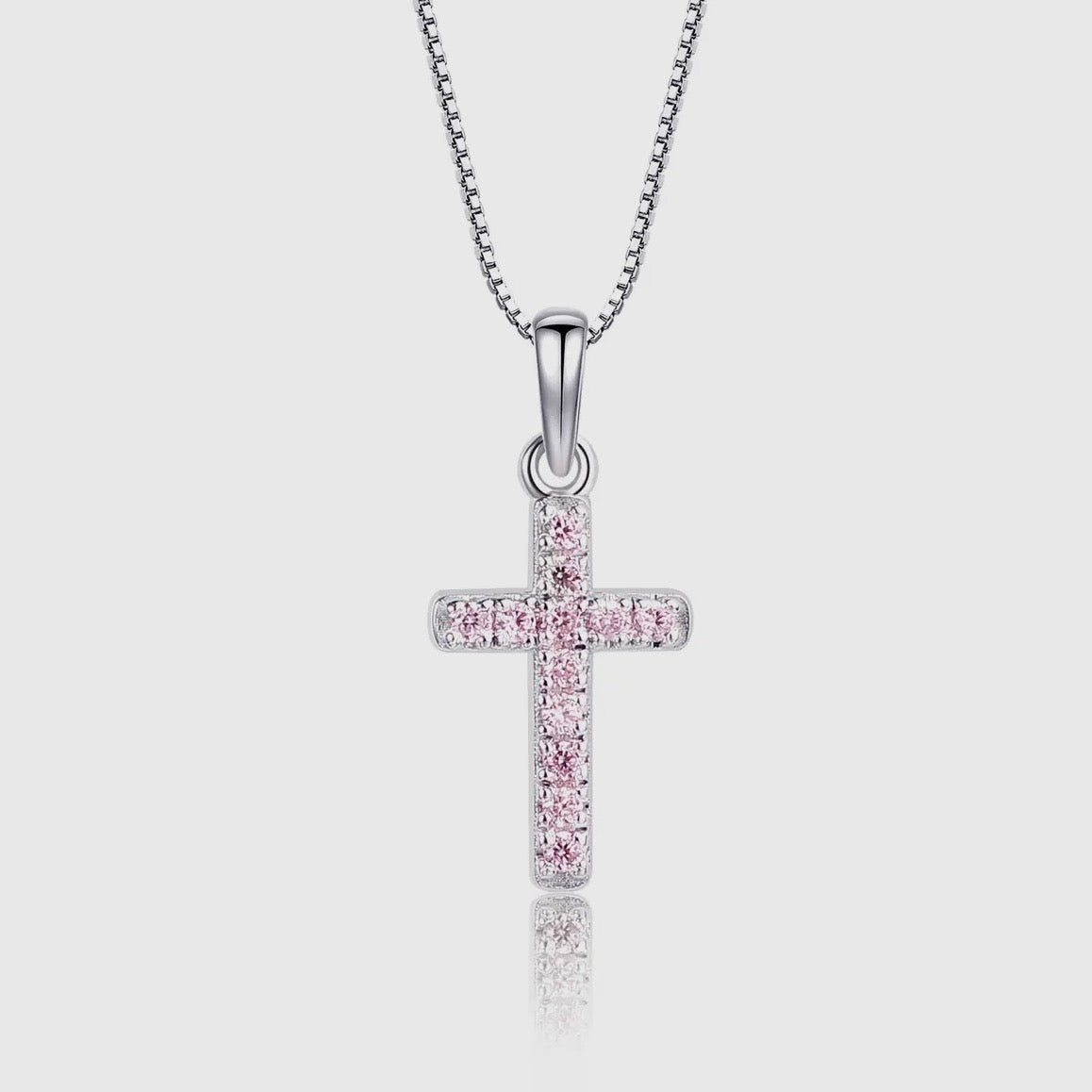 Girls Necklace - Pink CZ Sterling Silver Cross