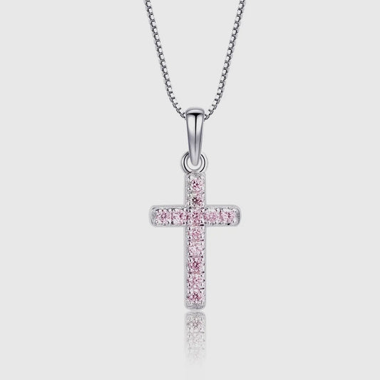 Girls Necklace - Pink CZ Sterling Silver Cross