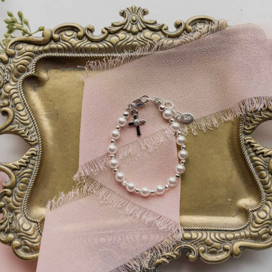 Girls Bracelet - Silver Pearl Cross