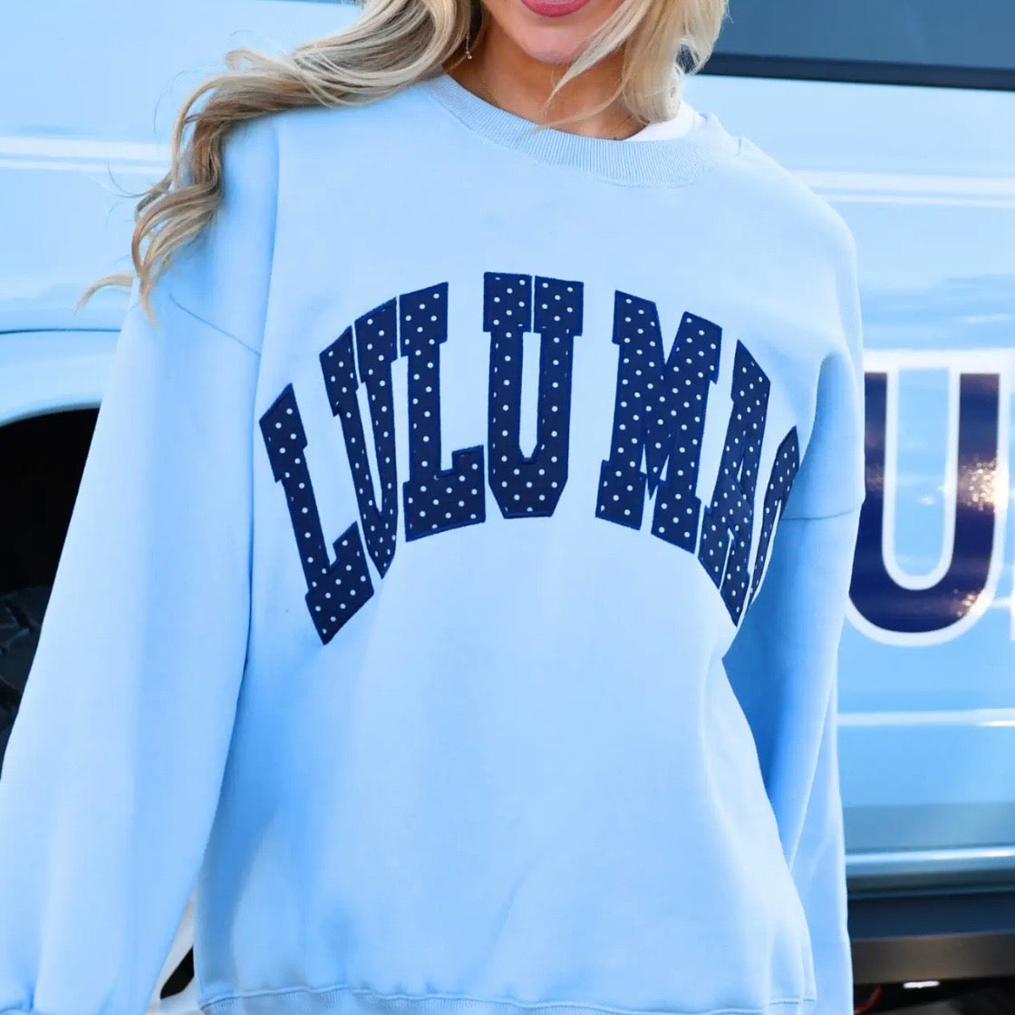 Lulu Mac Sweatshirt | Light Blue & Navy Polka Dot