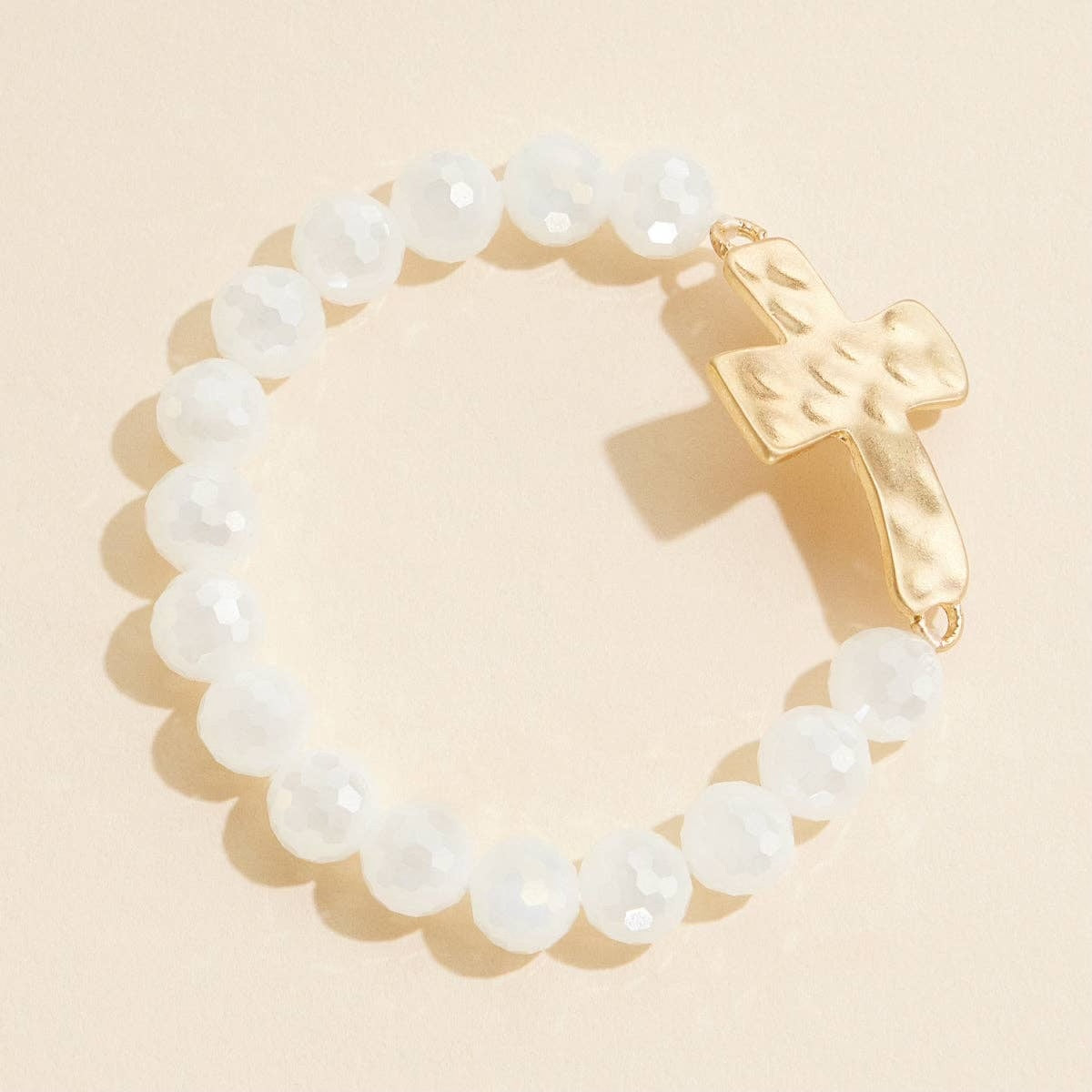 Glass Beaded Cross Bracelet | White