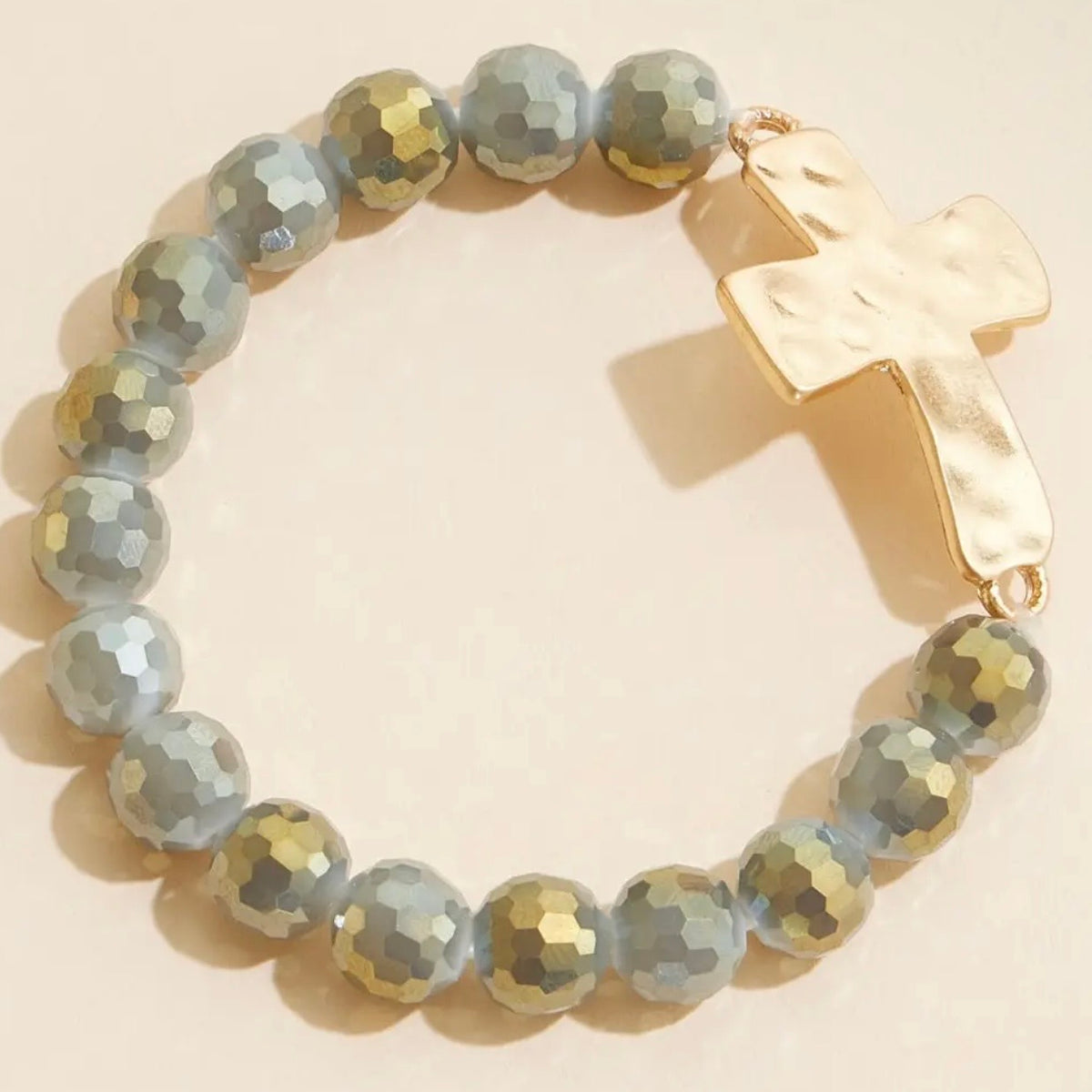 Glass Beaded Cross Bracelet | Gray