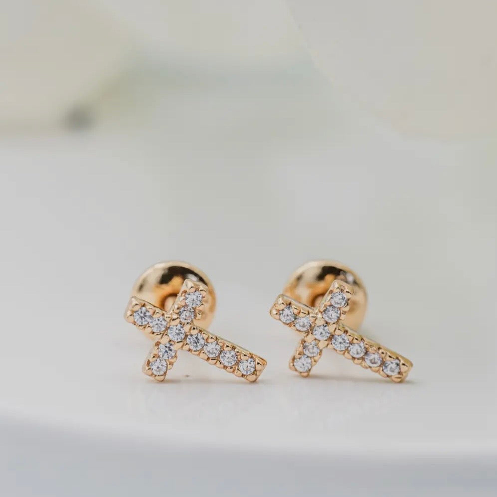 Girls Earrings - 14K Gold-Plated Cross Cz