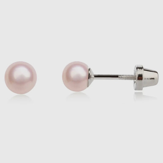 Girls Earrings - Sterling Silver Pink Pearl Screw Back