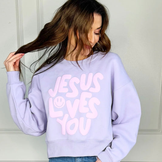 Crop Puff Sweatshirt | Smiley Jesus Loves You