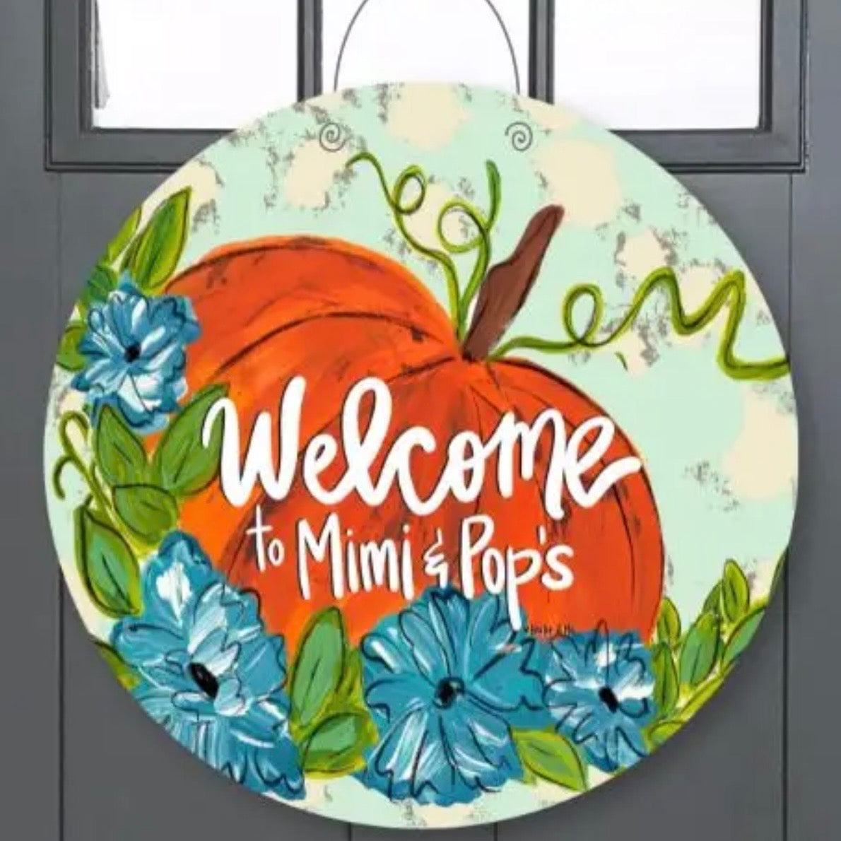 Personalized Door Hanger | Pumpkin & Blue Flowers