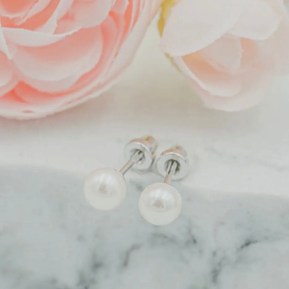 Girls Earrings - Sterling Silver Pearl Screw Back