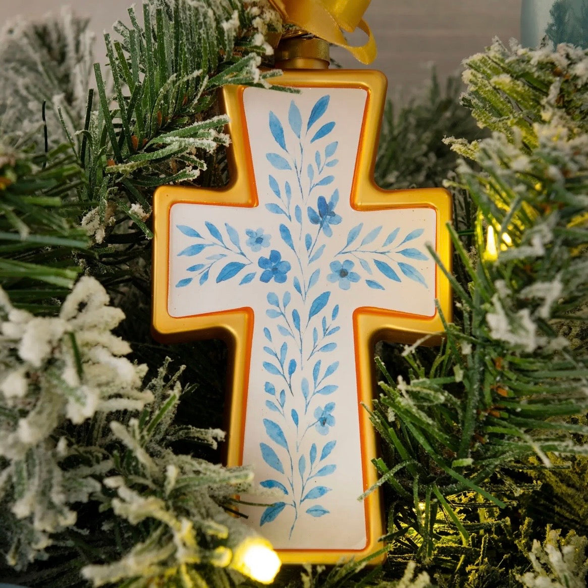Blown Glass Ornament | Floral Cross