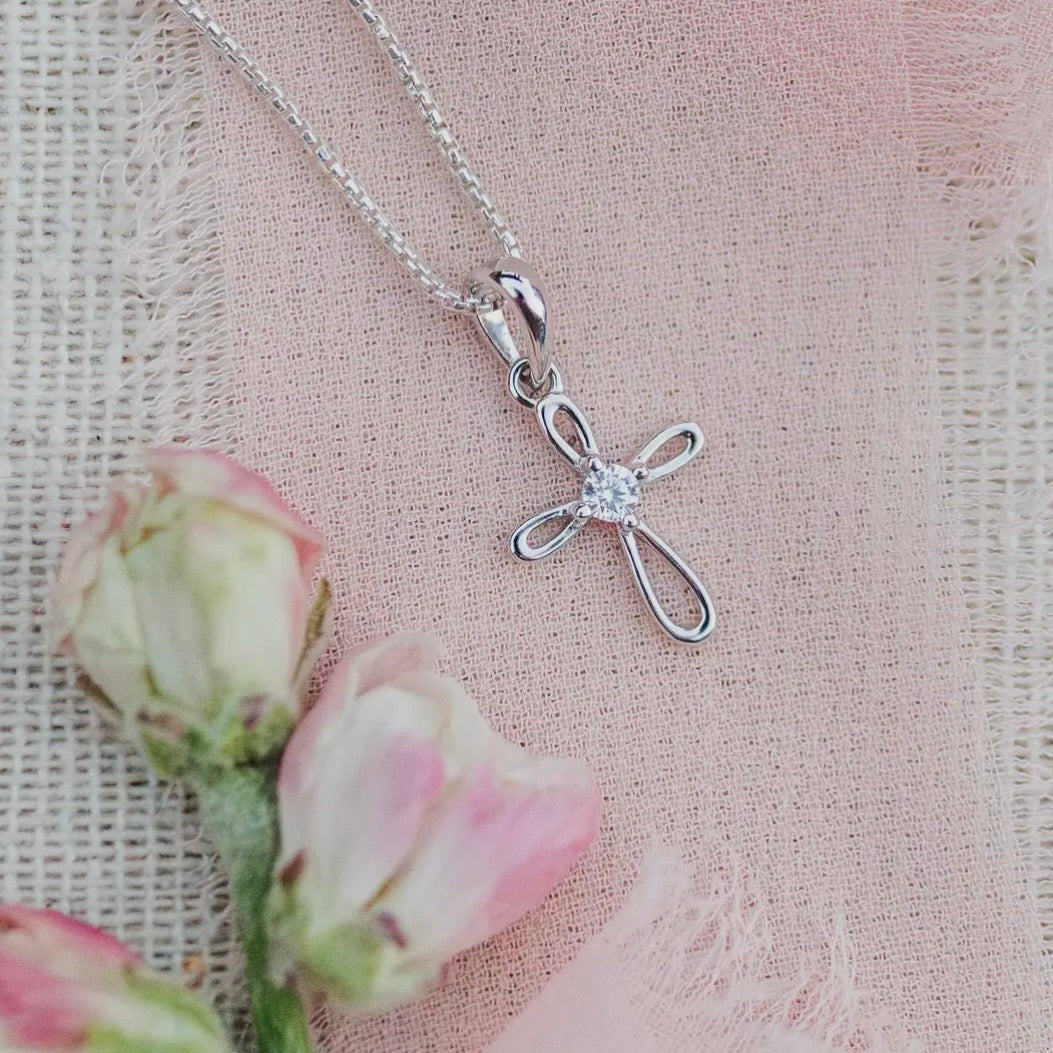 Girls Necklace - Sterling Silver Cross 14”