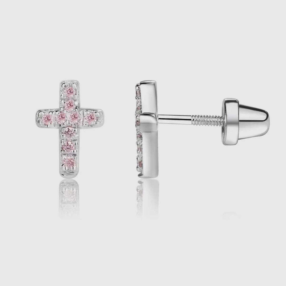 Girls Earrings - Sterling Silver Pink Cross Cz