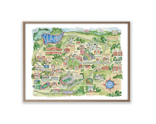 Elizabeth Wade Watercolor Ole Miss Campus Map Print